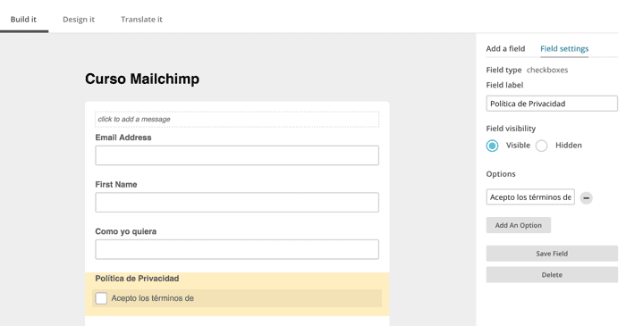 crear checkboxes en mailchimp privacidad