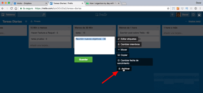 archivar tareas trello