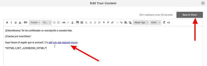 editor enlace fichero mailchimp