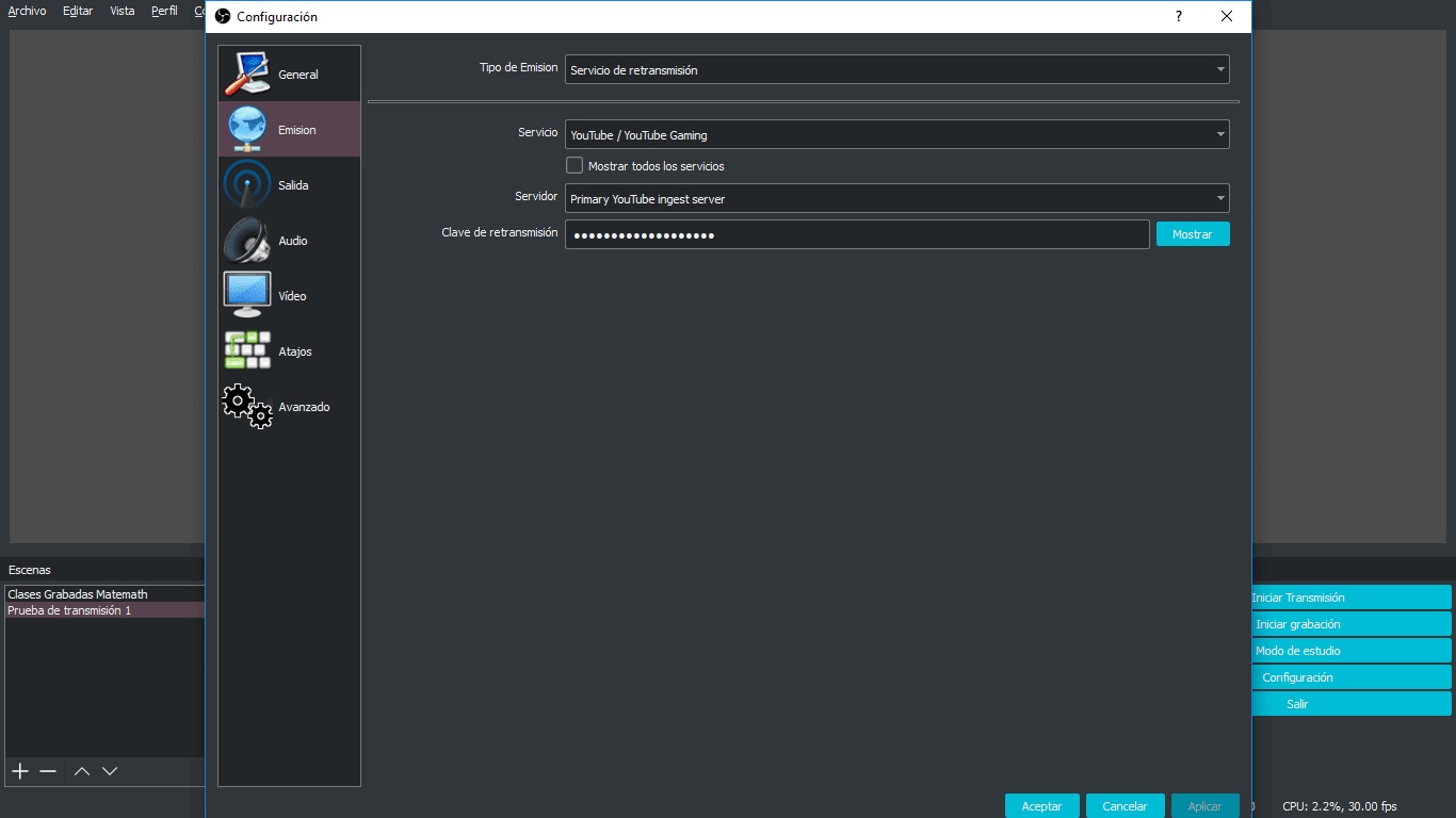 obs servicio transmision youtube