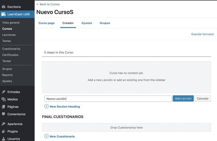 Crear nuevas lecciones Learndash
