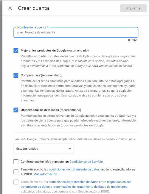 crear cuenta google optimize