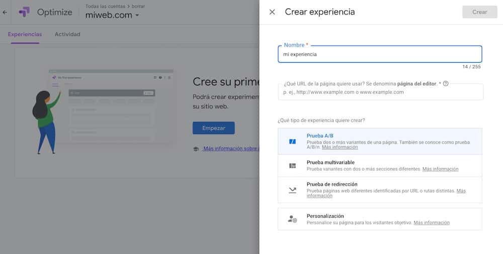 Crear experiencia optimize