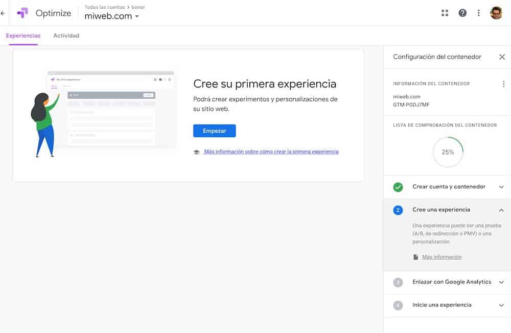 Crear experiencia google optimize