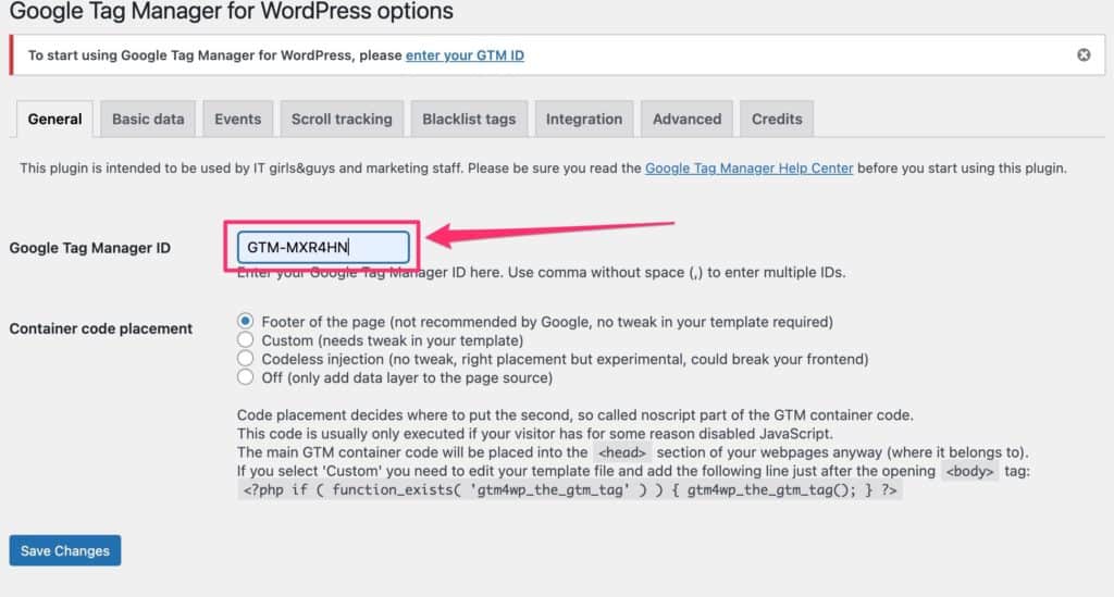 Añadir ID GTM en plugin WordPress