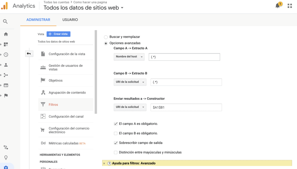 Opciones Filtros opciones avanzadas