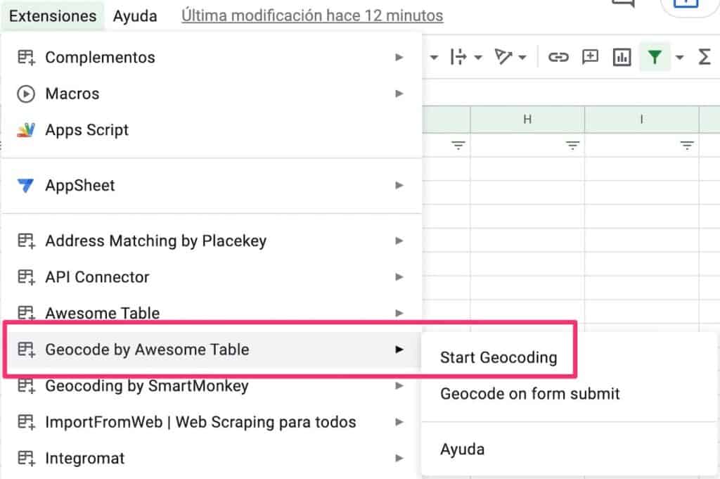 Empezar Geocoding con la extensión Geocode by Awesome Table