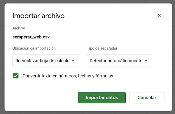 Pantalla de importación del CSV a Google Sheets