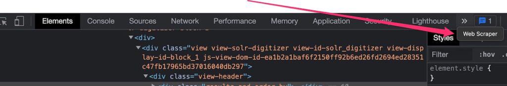 Captura de pantalla del inspector de elementos donde señalamos la opción Web Scraper