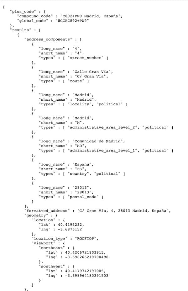 Datos en formato JSON de una de las empresas sacados con la latitud y longitud