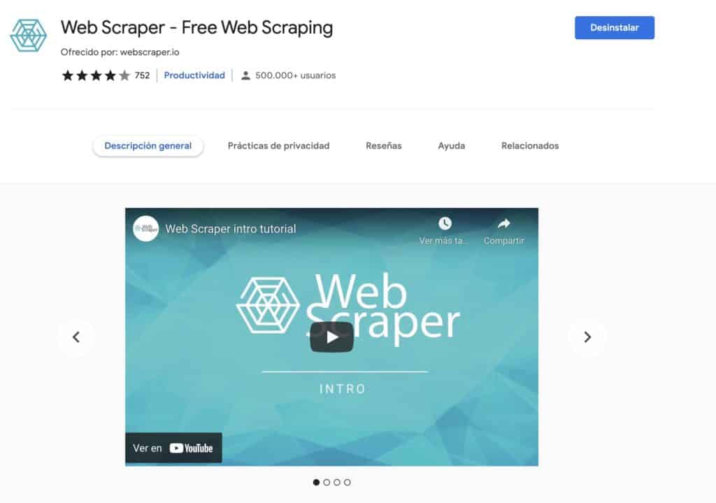 Captura de pantalla de la web de la extensión Web Scraper