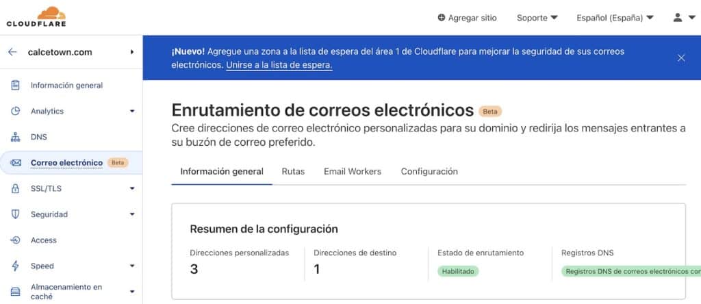 Captura de pantalla de la funcionalidad de correo electrónico de Cloudflare