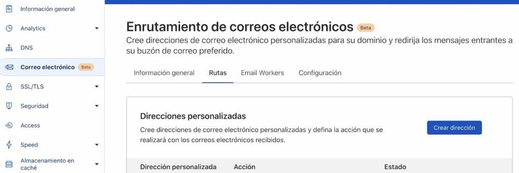 Captura de pantalla de Rutas en la opción Correo electrónico en Cloudflare