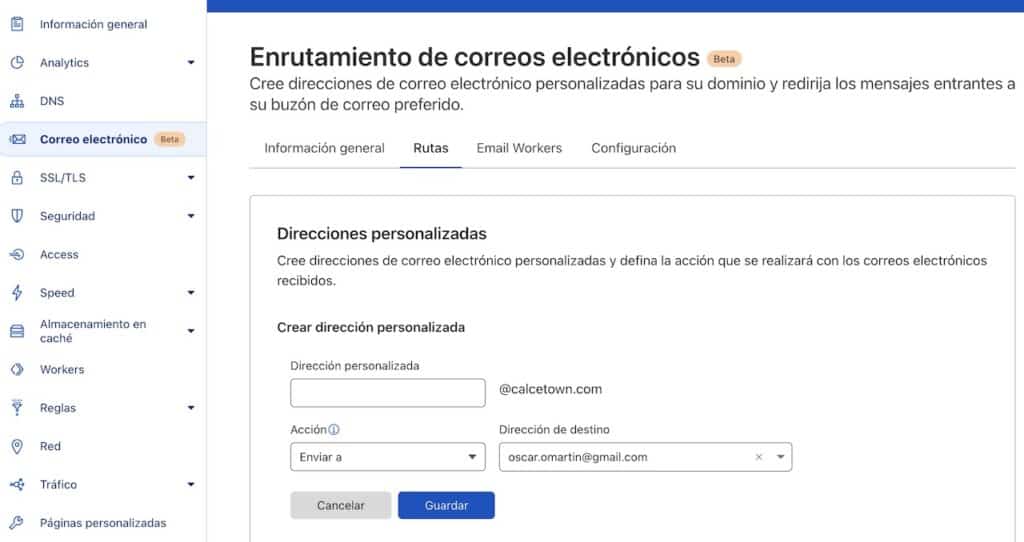 Captura de pantalla de Cloudflare para crear un email