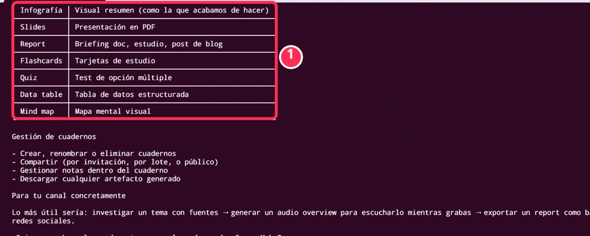 Tabla de artefactos que NotebookLM puede generar desde Claude Code