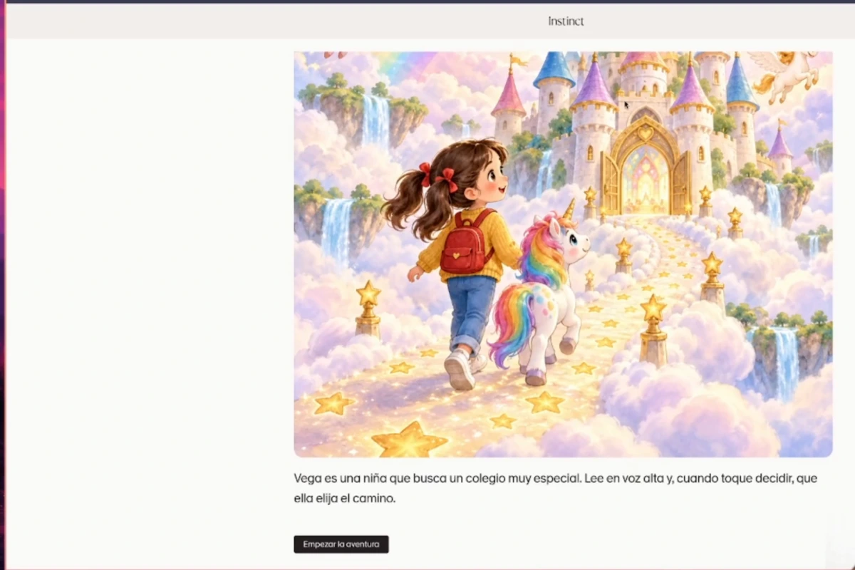 Cuento interactivo de unicornios creado por Instinct AI, con ilustración y botón para empezar la aventura
