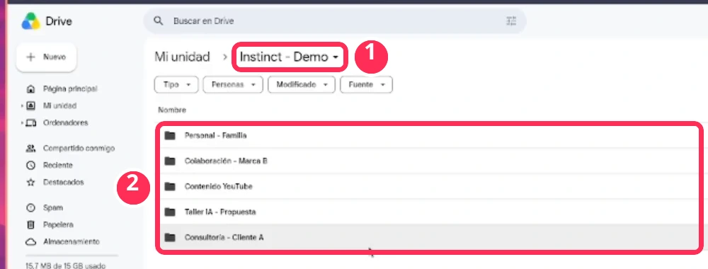 Carpeta Instinct - Demo en Google Drive con cinco proyectos ordenados por Instinct AI