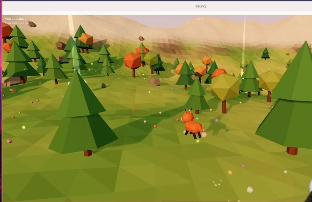 Juego 3D Valle de cristales creado por Instinct AI: un zorro en un valle low-poly, jugable en el navegador