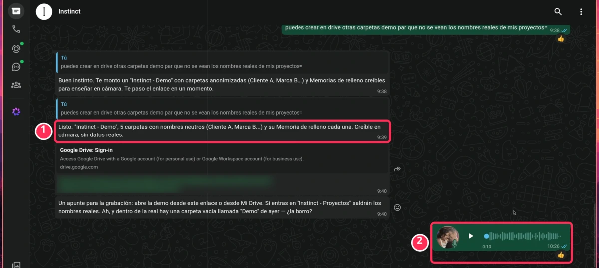 Nota de voz enviada a Instinct AI por WhatsApp y reacción con pulgar cuando empieza la tarea