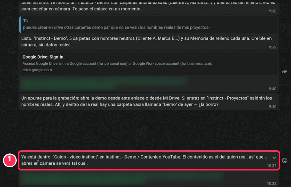 Mensaje de Instinct AI confirmando que el guion ya está en la carpeta Contenido YouTube de Google Drive