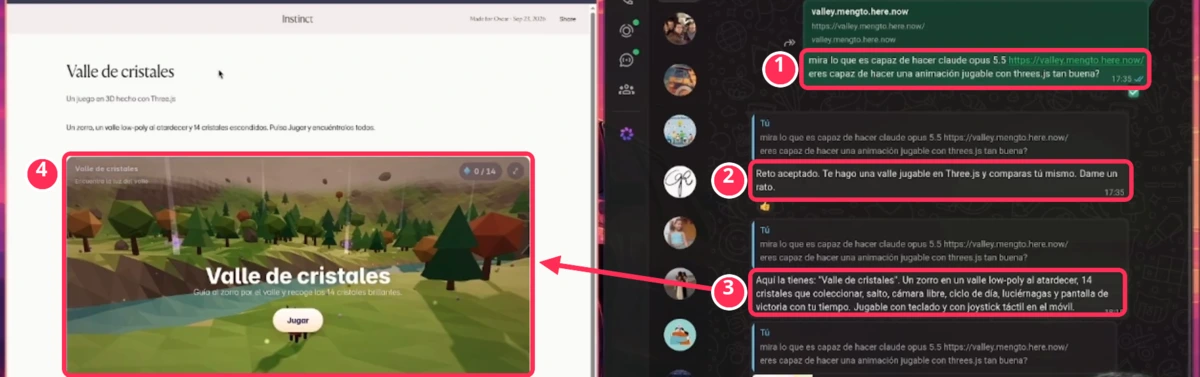 Conversación de WhatsApp con Instinct AI: petición del juego, respuesta 'Reto aceptado' y entrega del juego Valle de cristales