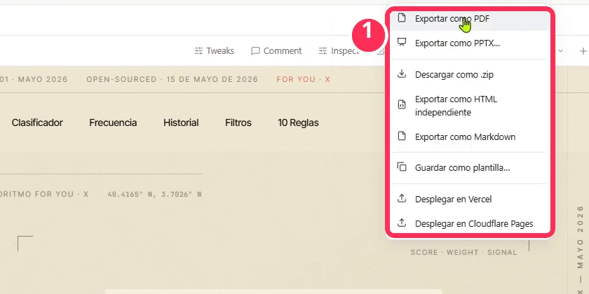 Menú de exportación de Open Design: PDF, PPTX, HTML, Vercel y Cloudflare Pages