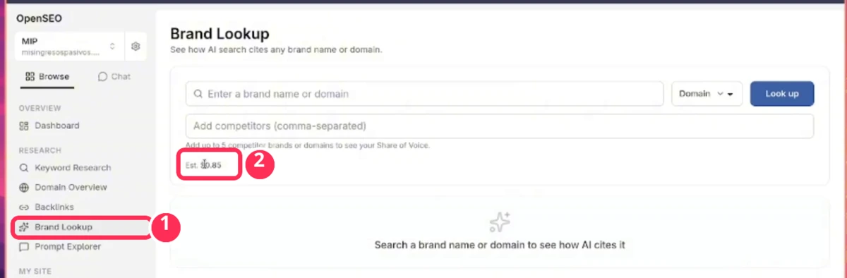 Pantalla de Brand Lookup en OpenSEO con el coste estimado por consulta