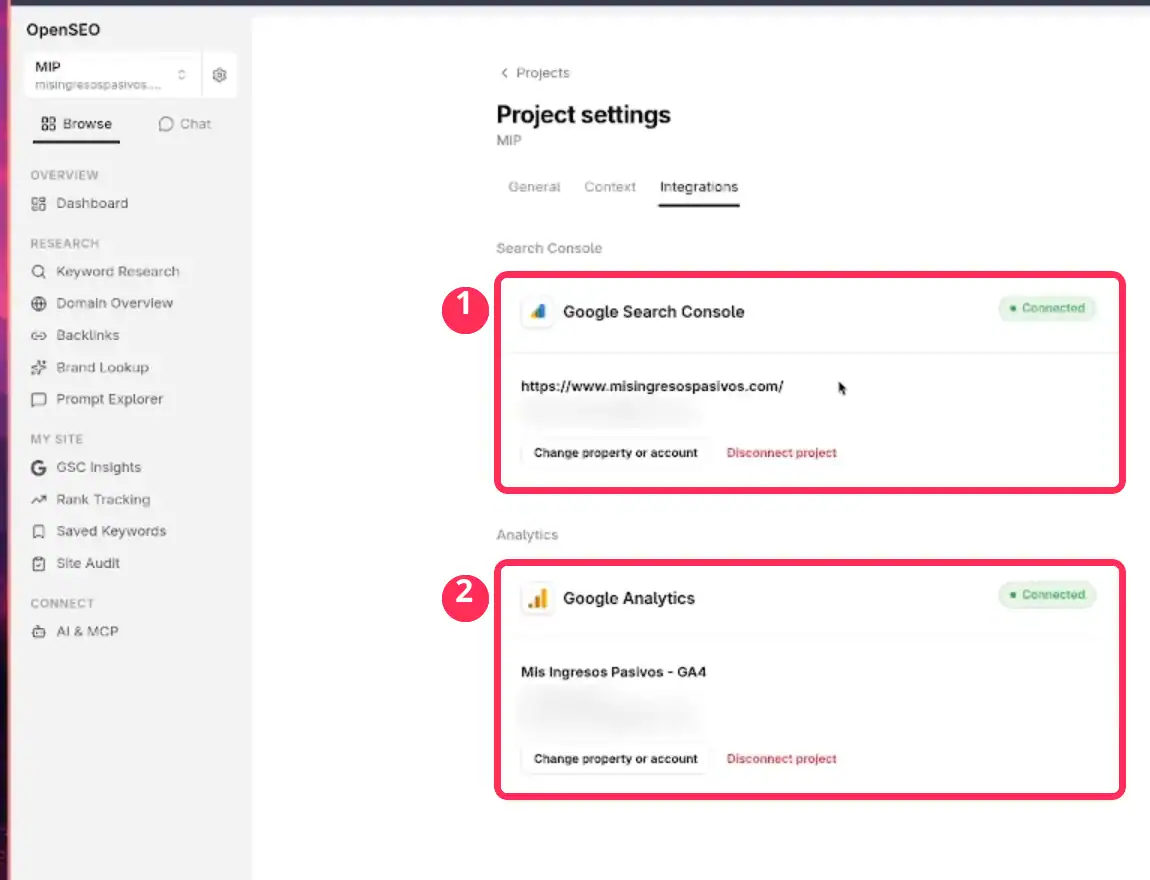 OpenSEO con Google Search Console y Google Analytics conectados