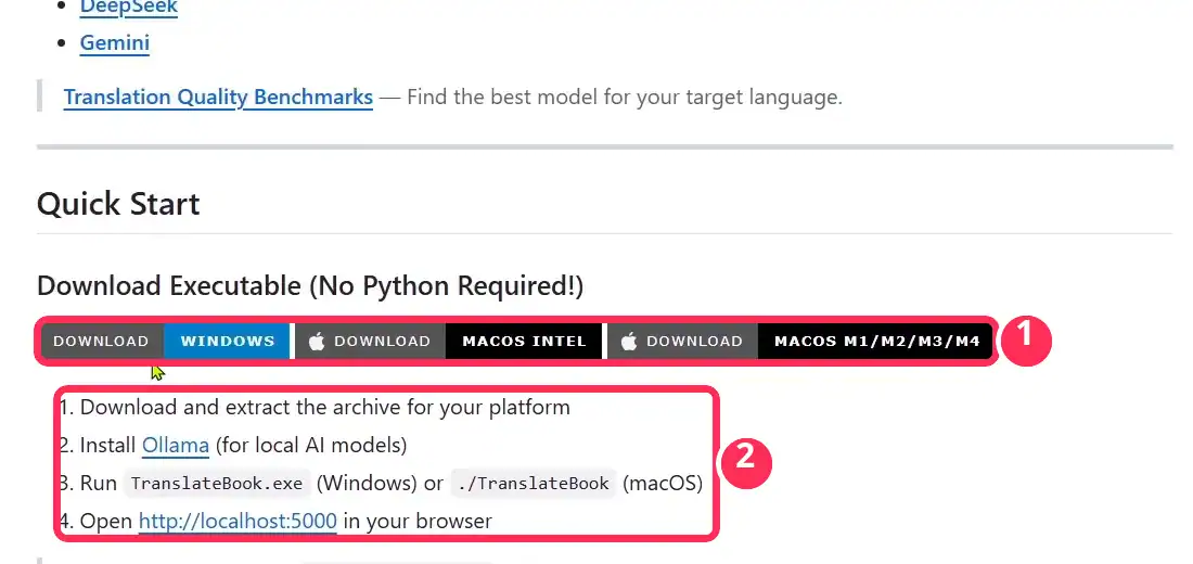 Descarga del ejecutable de TranslateBooksWithLLMs para Windows y macOS sin Python