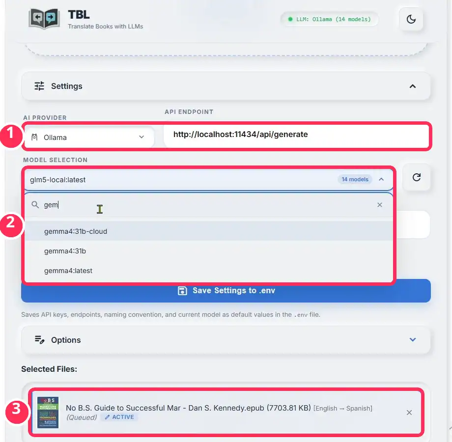 TranslateBooksWithLLMs configurado con Ollama y un modelo Gemma local