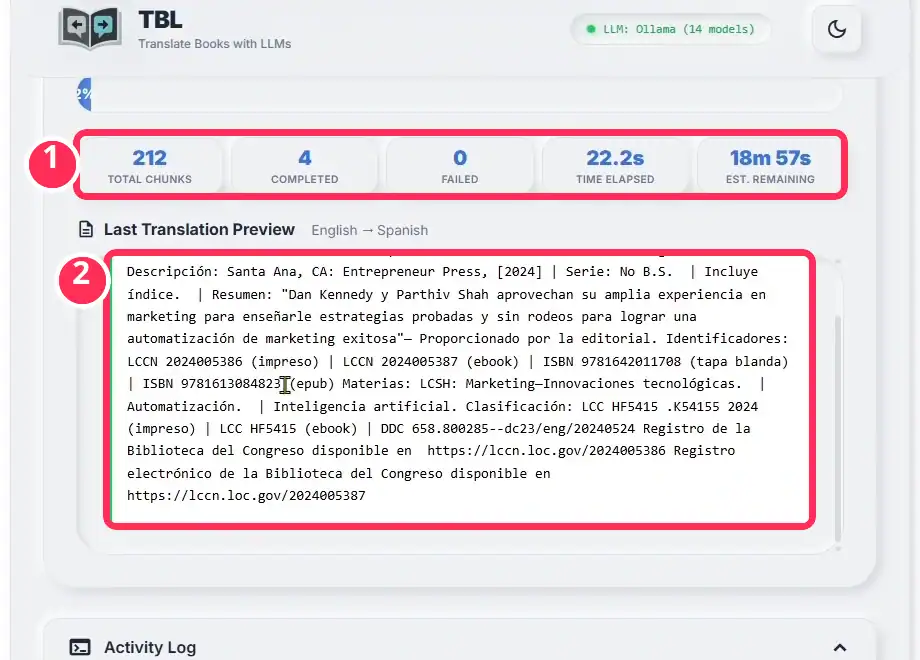 Progreso de la traducción de un EPUB en 212 fragmentos con vista previa