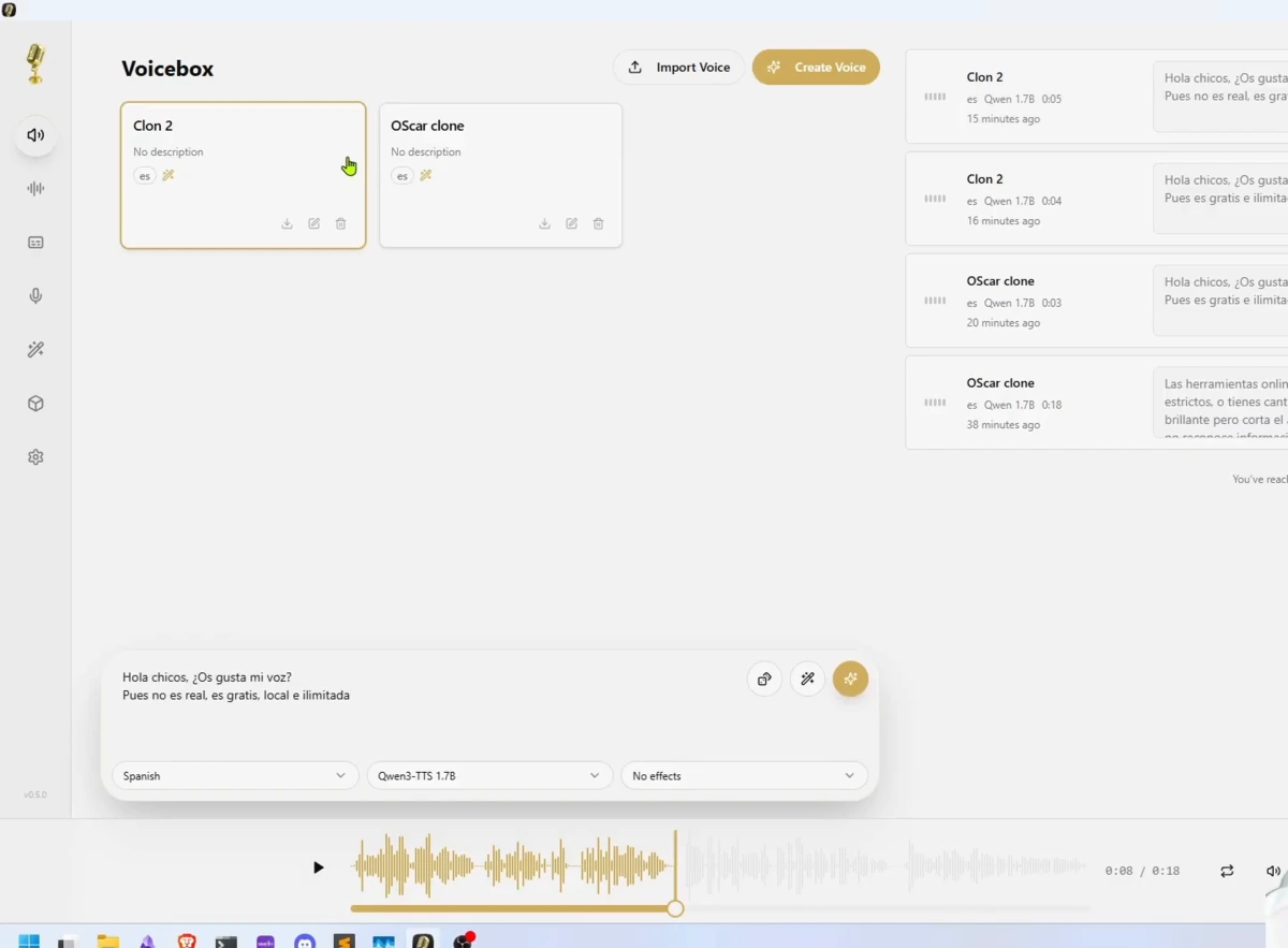 Voicebox con dos clones de voz y los audios generados