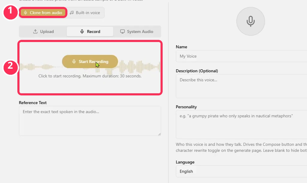 Pantalla Create Voice de Voicebox para clonar la voz desde una grabación