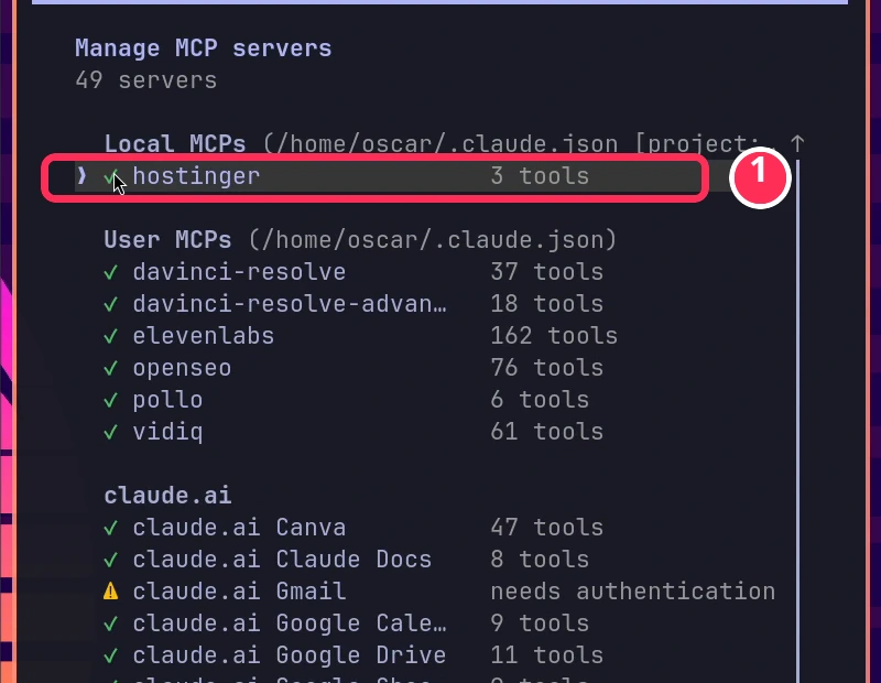 Lista de servidores MCP en Claude Code con el MCP de Hostinger conectado