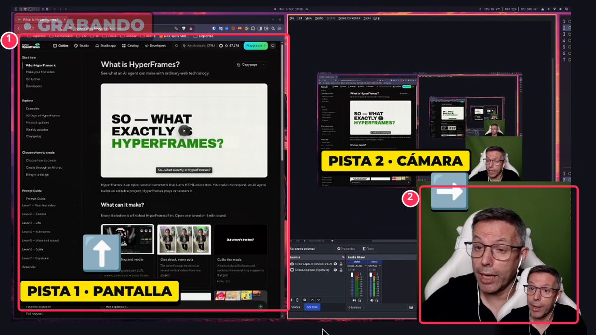 OBS Studio grabando la pantalla y la cámara con fondo verde en dos pistas para editar con Claude Code