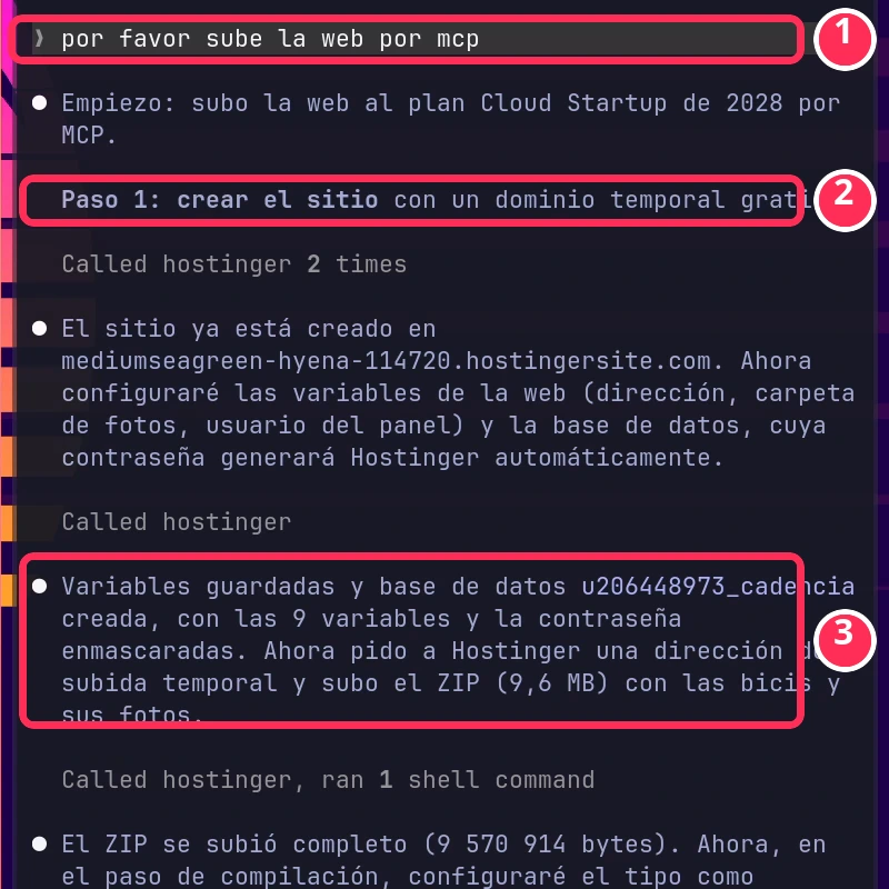 Claude Code subiendo una web hecha con IA a Hostinger con el MCP: crear sitio, variables y base de datos