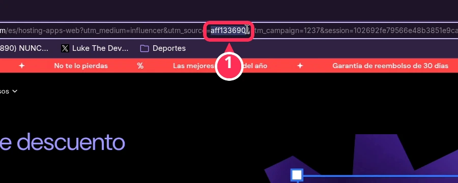 Número de afiliado aff133690 en la dirección de Hostinger al entrar por el enlace del bonus