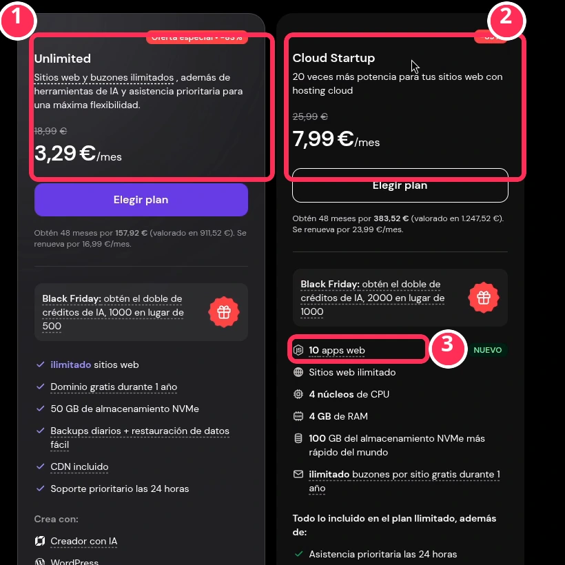 Planes de Hostinger para aplicaciones web Node.js: Unlimited y Cloud Startup con su precio