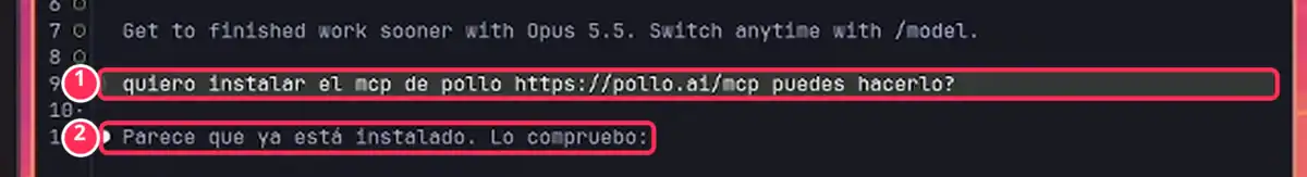 Claude Code recibe la petición de instalar Pollo.ai MCP con la dirección de la página y comprueba la instalación