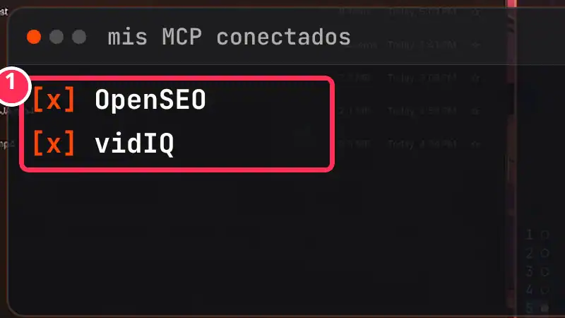 Ilustración del vídeo con los MCP conectados al agente junto a Pollo.ai MCP: OpenSEO y vidIQ
