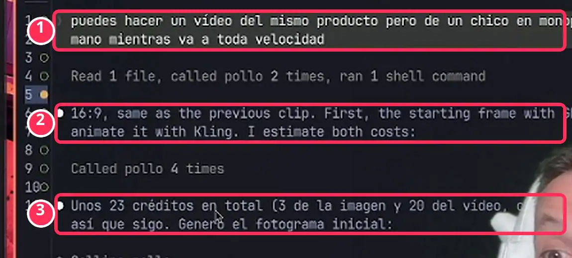 Claude Code estima 23 créditos de Pollo.ai MCP para un vídeo de un chico en monopatín: 3 de la imagen y 20 del vídeo