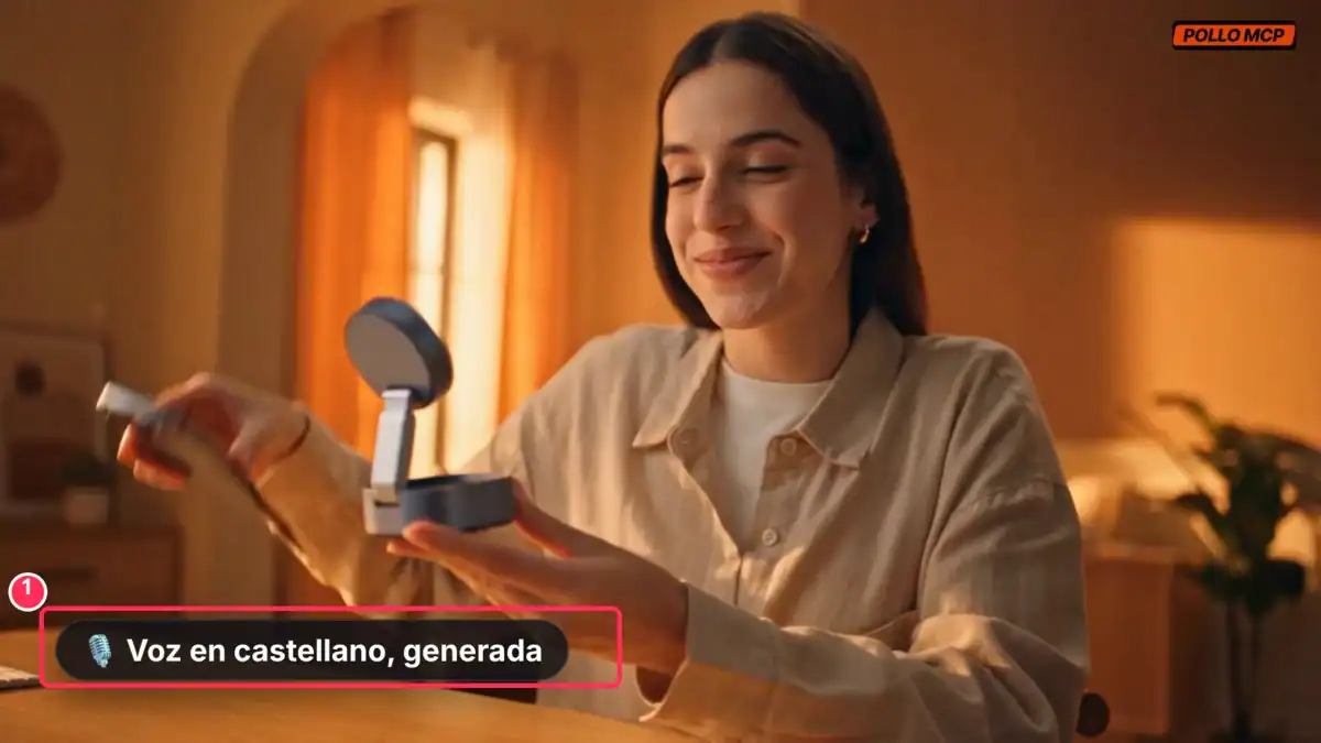 Fotograma de un anuncio generado con Pollo.ai MCP en el que una creadora presenta el producto con voz en castellano