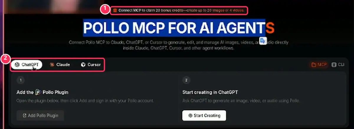 Página de Pollo.ai MCP con las pestañas ChatGPT, Claude y Cursor y el aviso de 20 créditos de bienvenida